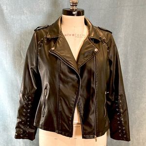 Women’s Black Faux Leather Motorcycle Jacket with Eyelets and Lacing